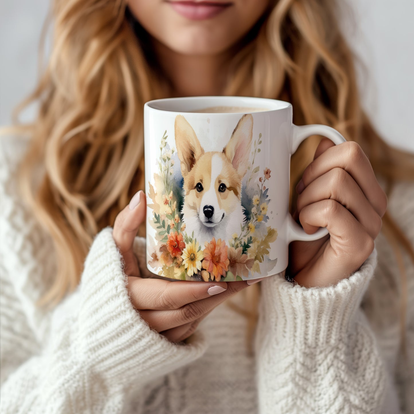 Hrnek s ilustrací roztomilého corgiho obklopeného květinami