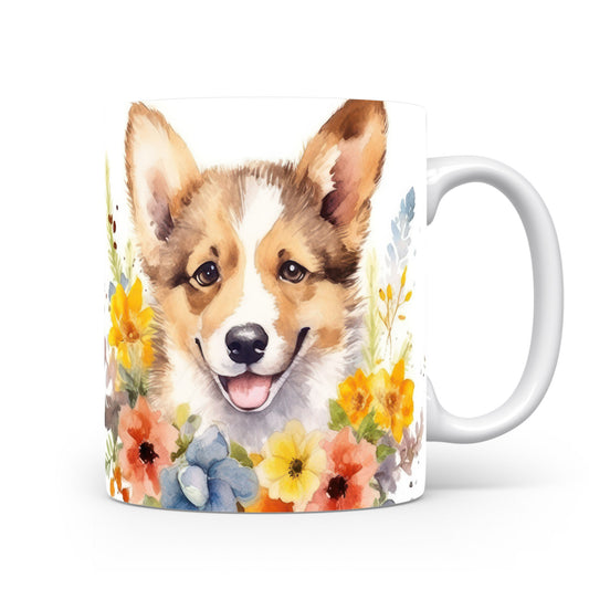 Hrnek s roztomilým welsh corgi a květinovým vzorem
