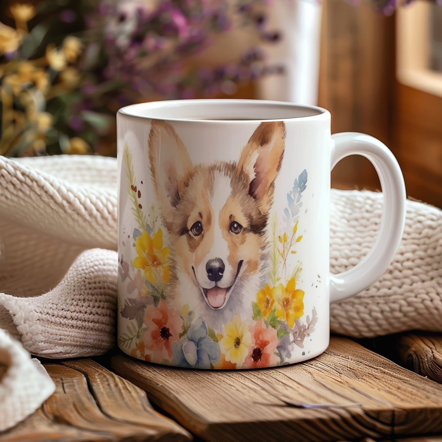 Hrnek s roztomilým welsh corgi a květinovým vzorem
