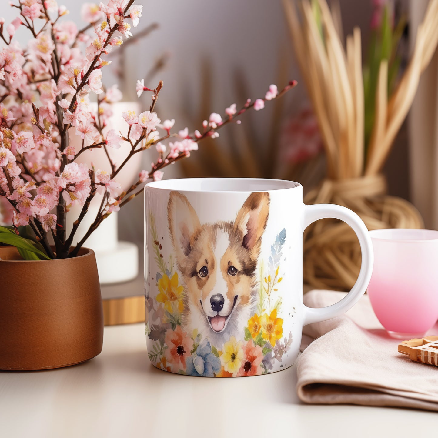 Hrnek s roztomilým welsh corgi a květinovým vzorem