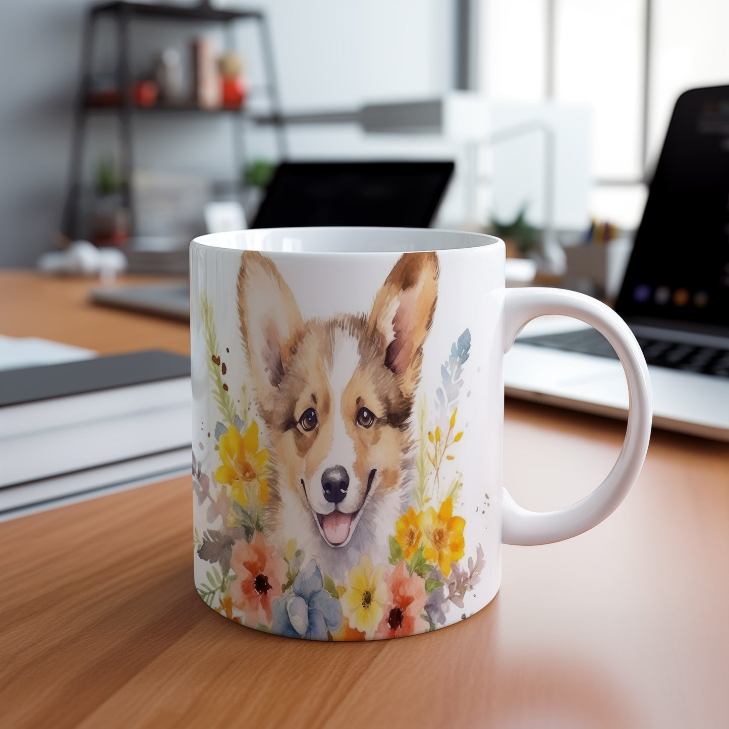 Hrnek s roztomilým welsh corgi a květinovým vzorem