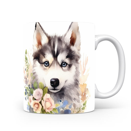 Hrnek s motivem huskyho a květin - originální design pro milovníky psů