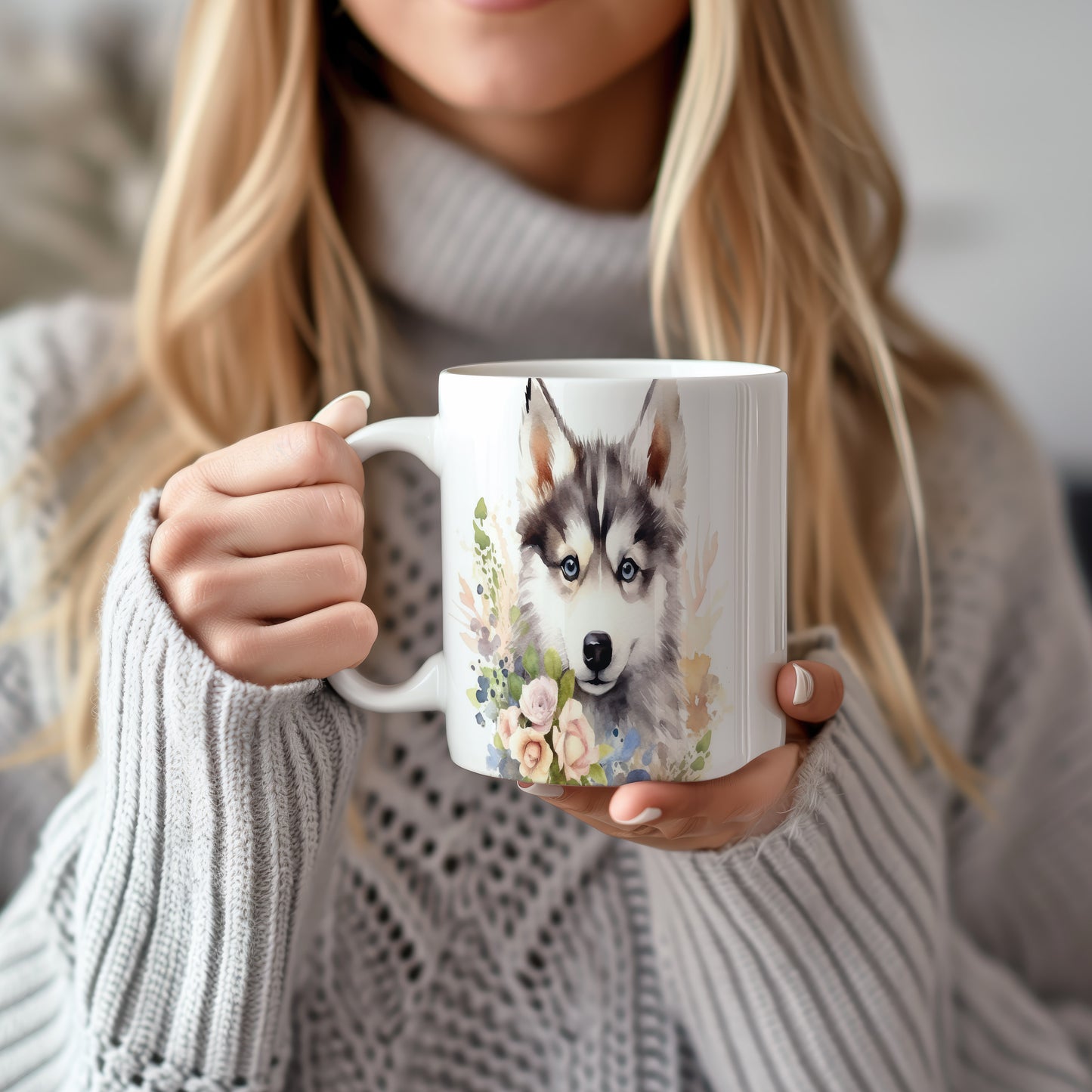Hrnek s motivem huskyho a květin - originální design pro milovníky psů