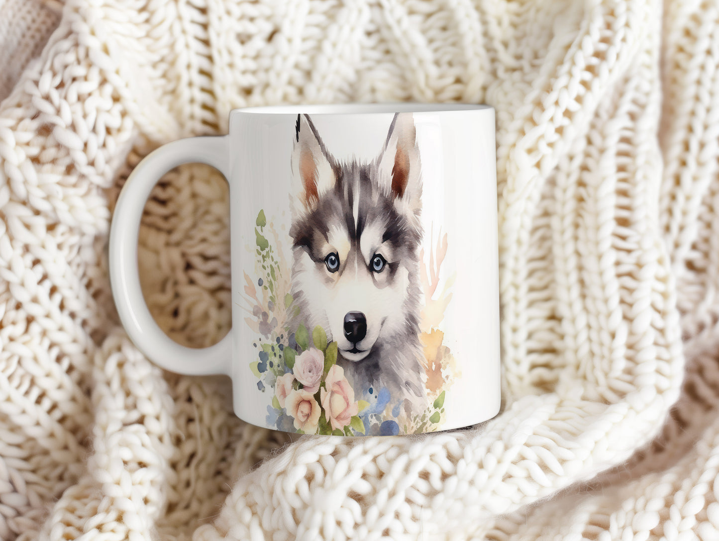 Hrnek s motivem huskyho a květin - originální design pro milovníky psů