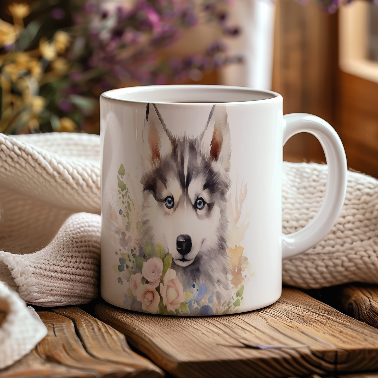 Hrnek s motivem huskyho a květin - originální design pro milovníky psů