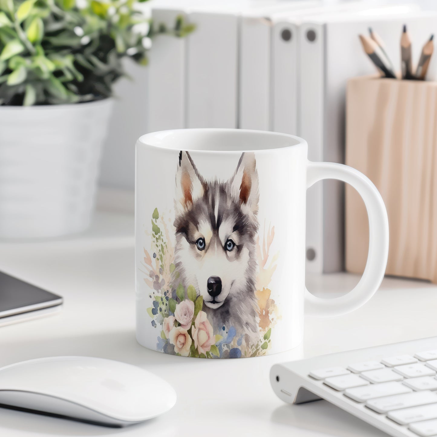 Hrnek s motivem huskyho a květin - originální design pro milovníky psů