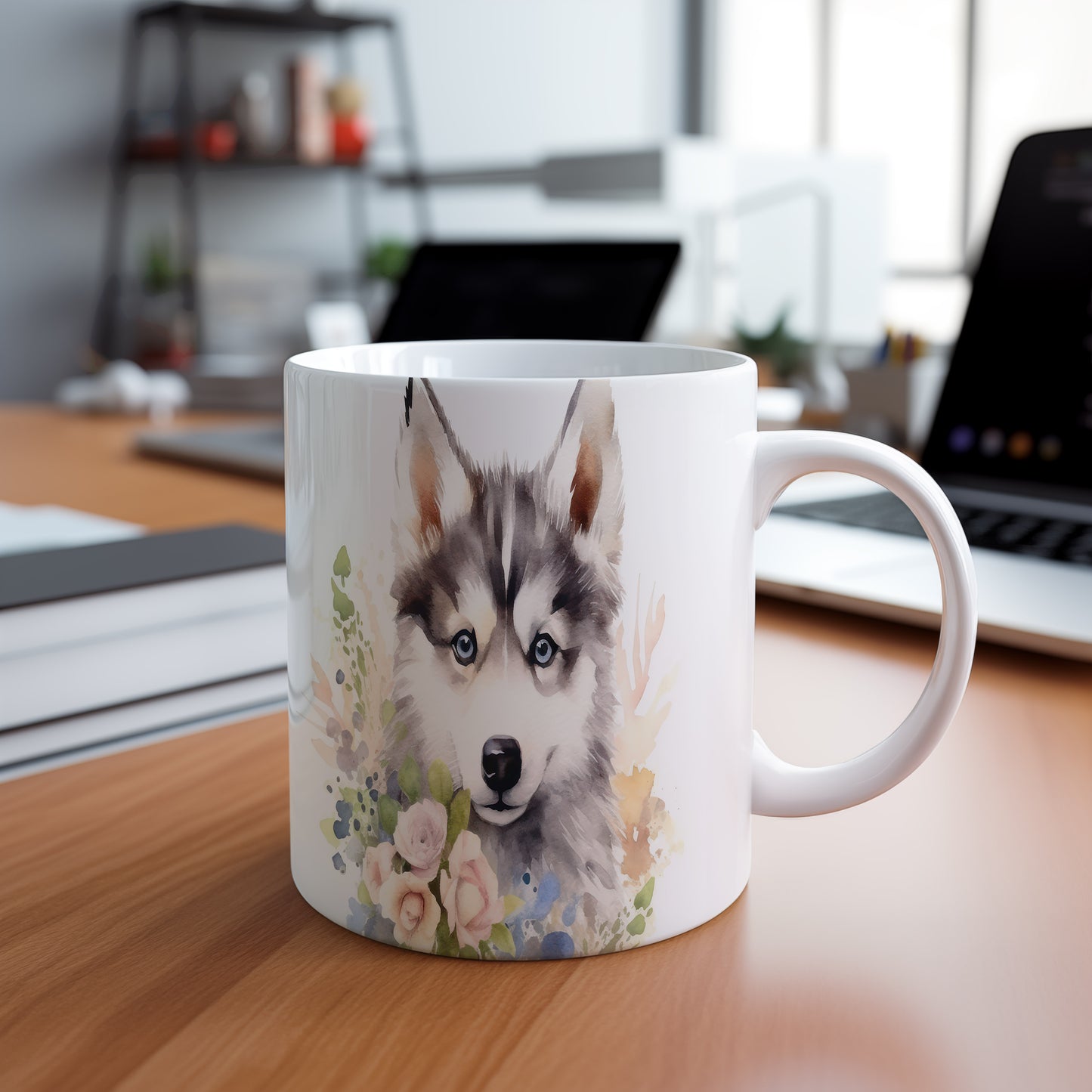 Hrnek s motivem huskyho a květin - originální design pro milovníky psů