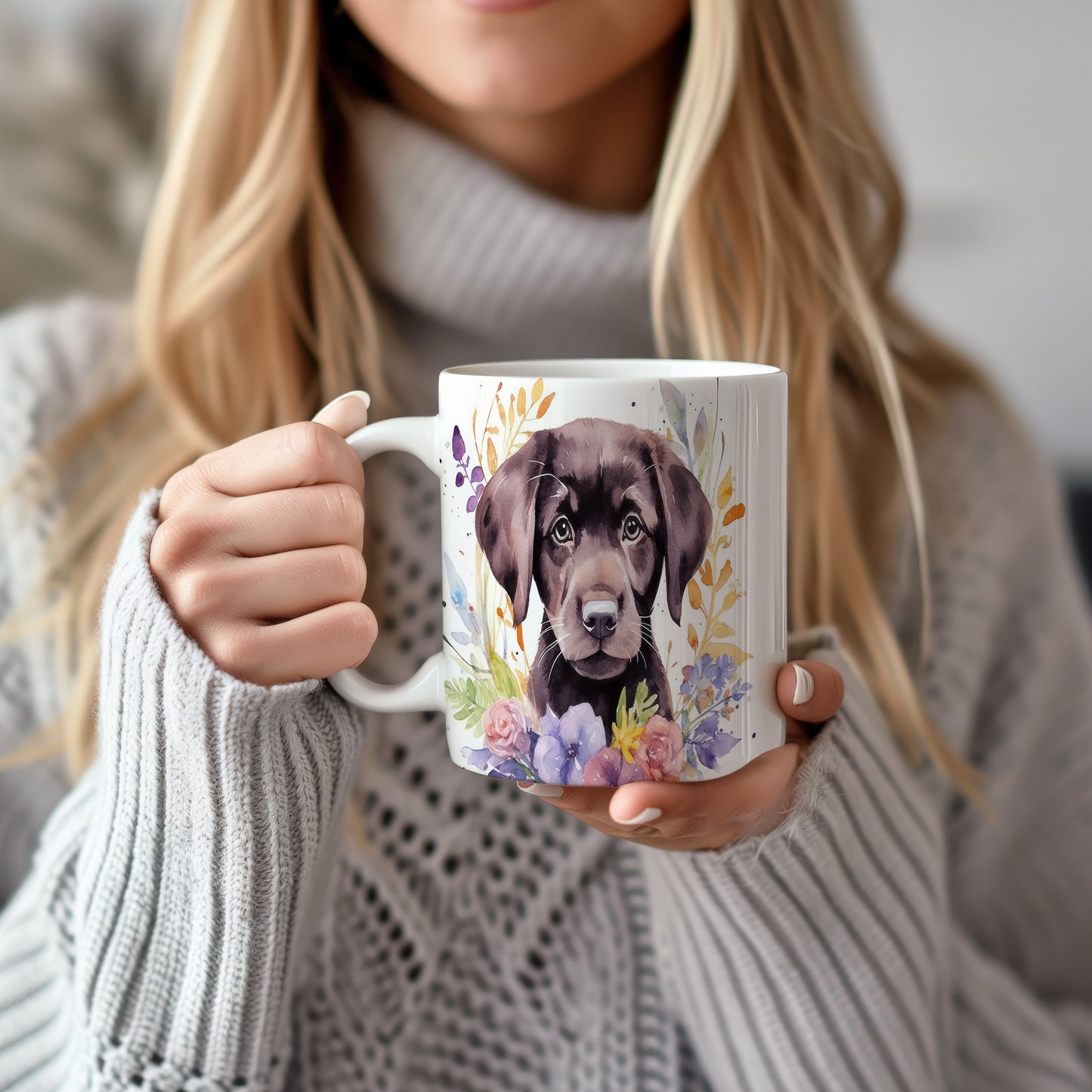 Hrnek s malým černým labradorem a květinovým motivem