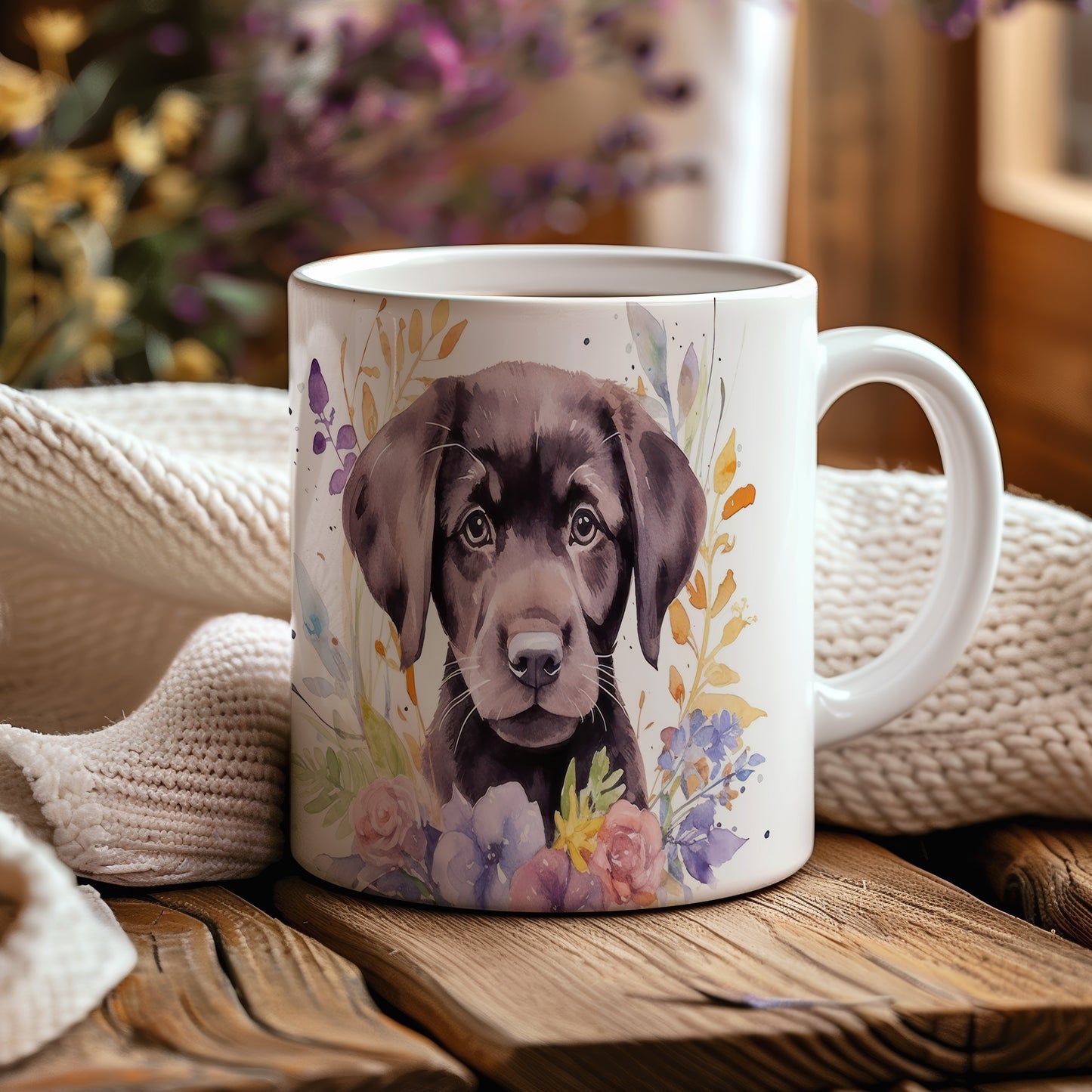 Hrnek s malým černým labradorem a květinovým motivem