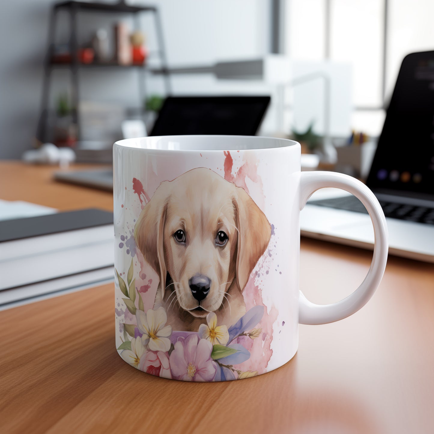 Hrnek s roztomilým labradorským štěnětem a květinami