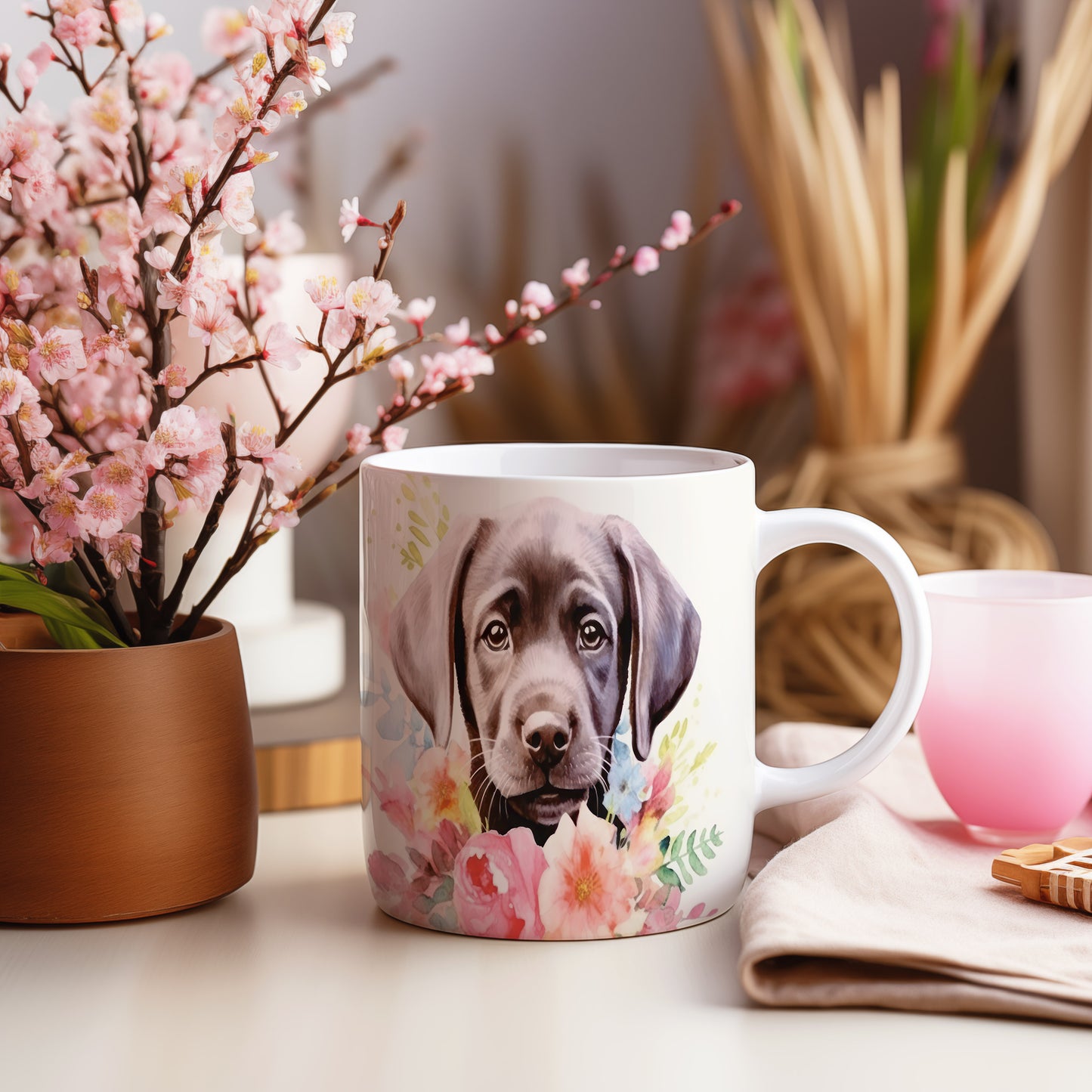 Hrnek s potiskem černého labradora a květinovým motivem