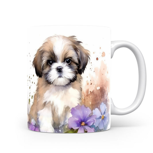 Hrnek s roztomilým štěňátkem a květinami (shih tzu| · psi #2)