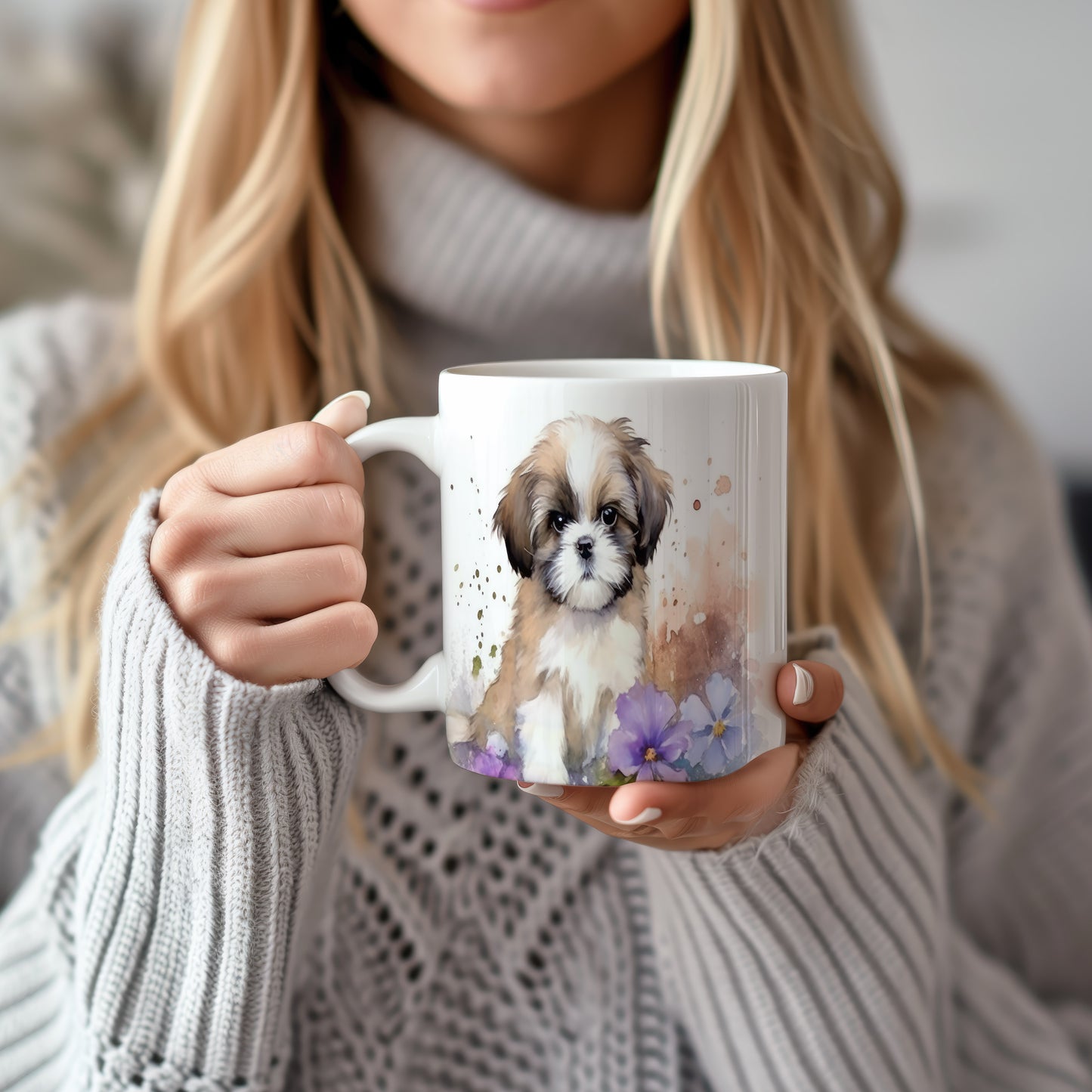 Hrnek s roztomilým štěňátkem a květinami (shih tzu| · psi #2)