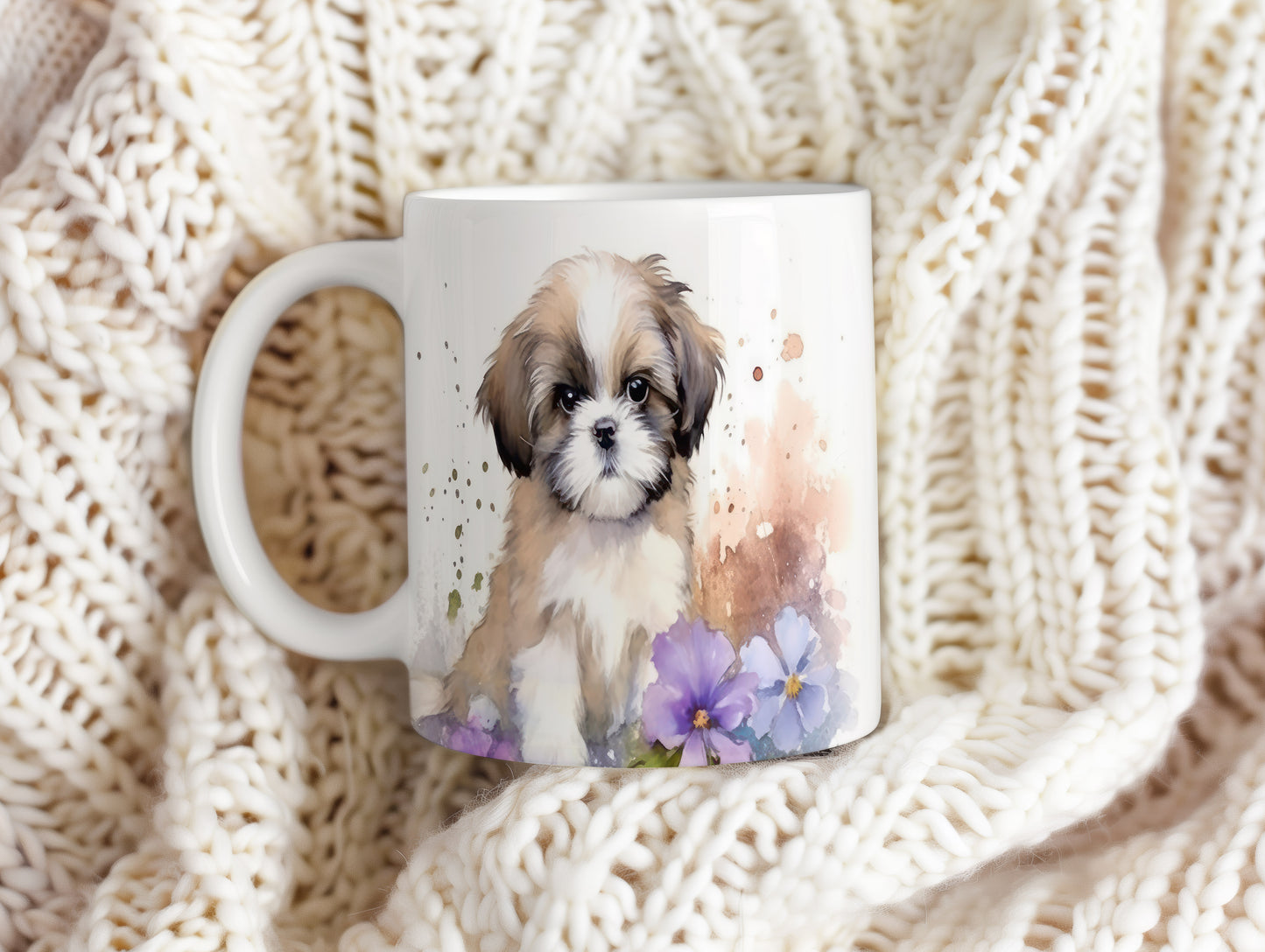 Hrnek s roztomilým štěňátkem a květinami (shih tzu| · psi #2)