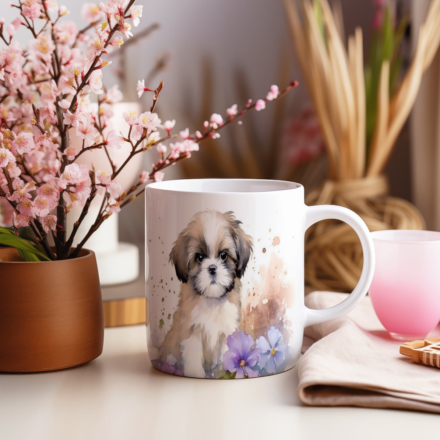 Hrnek s roztomilým štěňátkem a květinami (shih tzu| · psi #2)