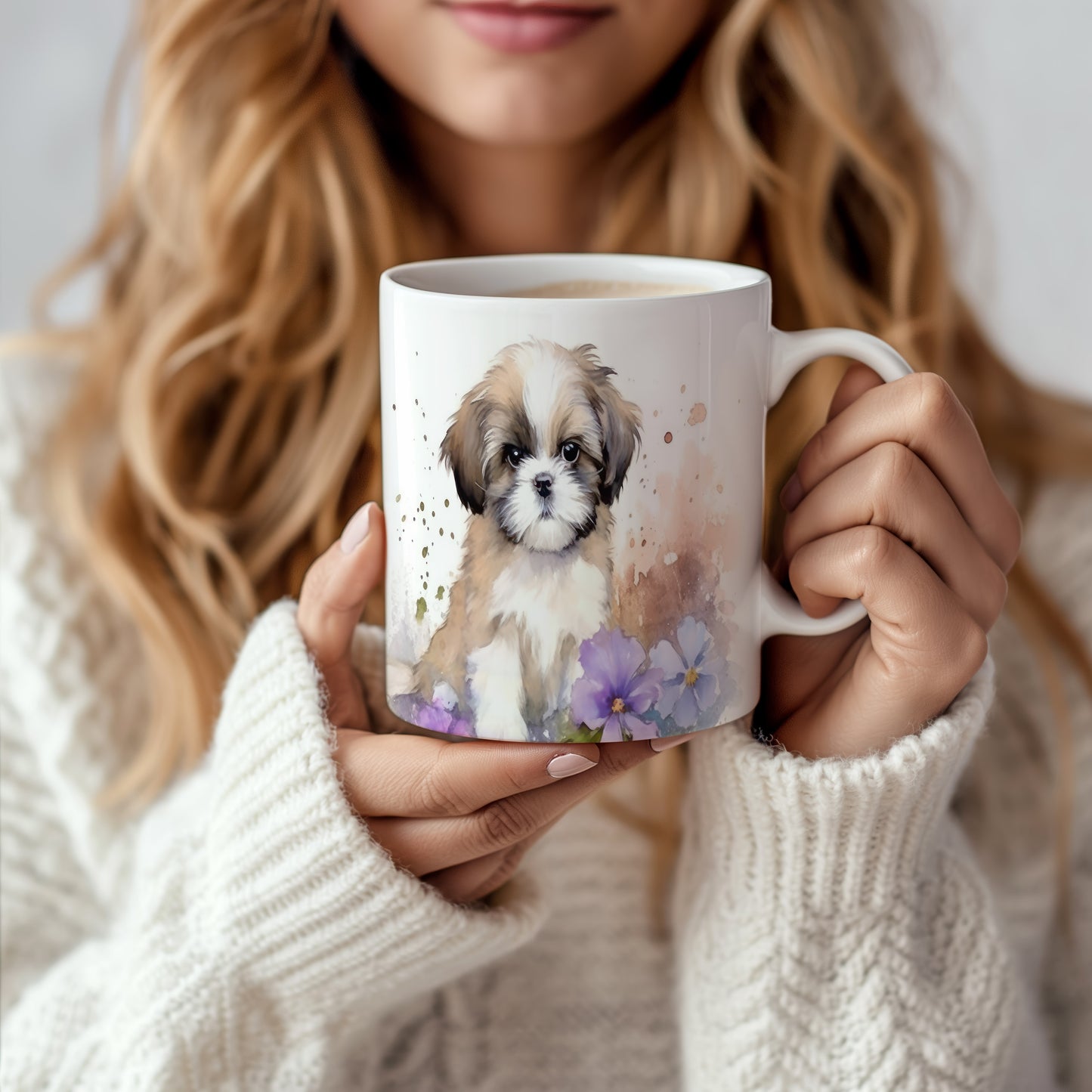 Hrnek s roztomilým štěňátkem a květinami (shih tzu| · psi #2)