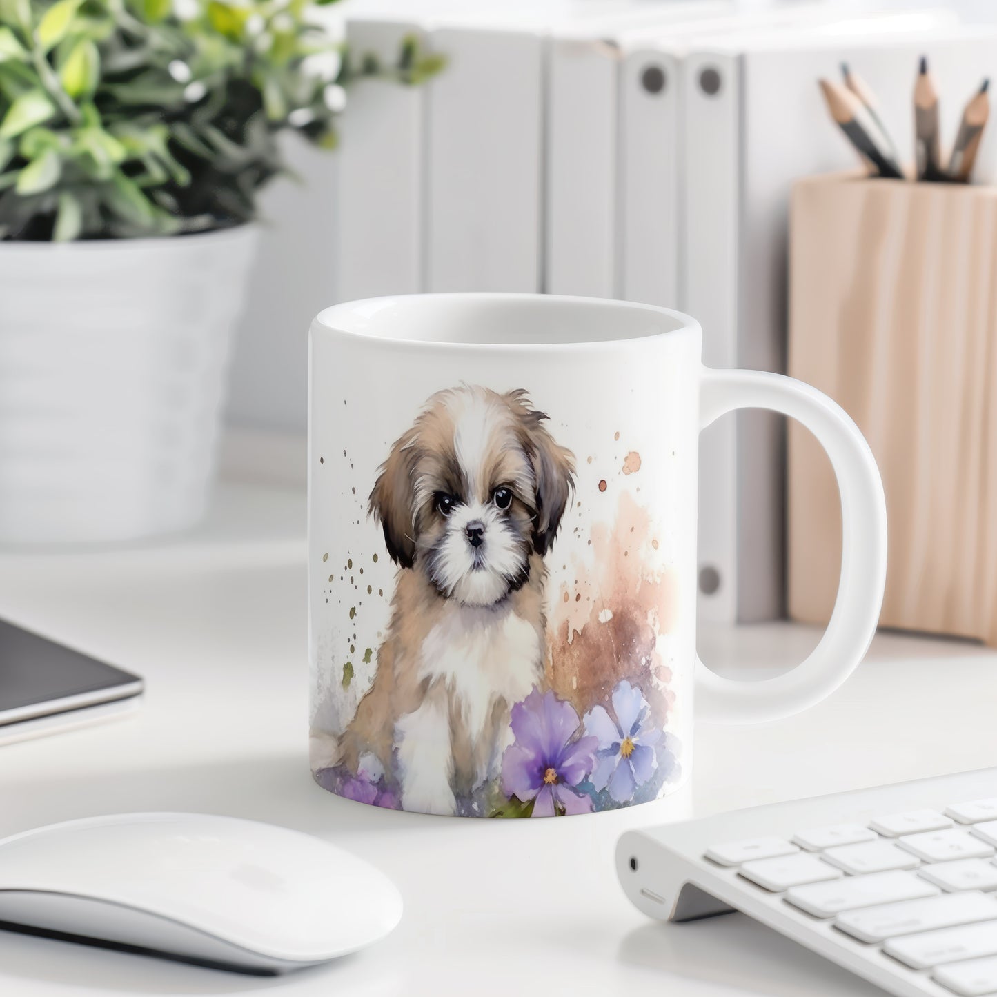 Hrnek s roztomilým štěňátkem a květinami (shih tzu| · psi #2)