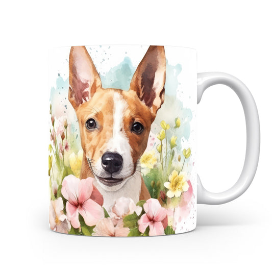 Hrnek s obrázkem basenji v květinovém motivu