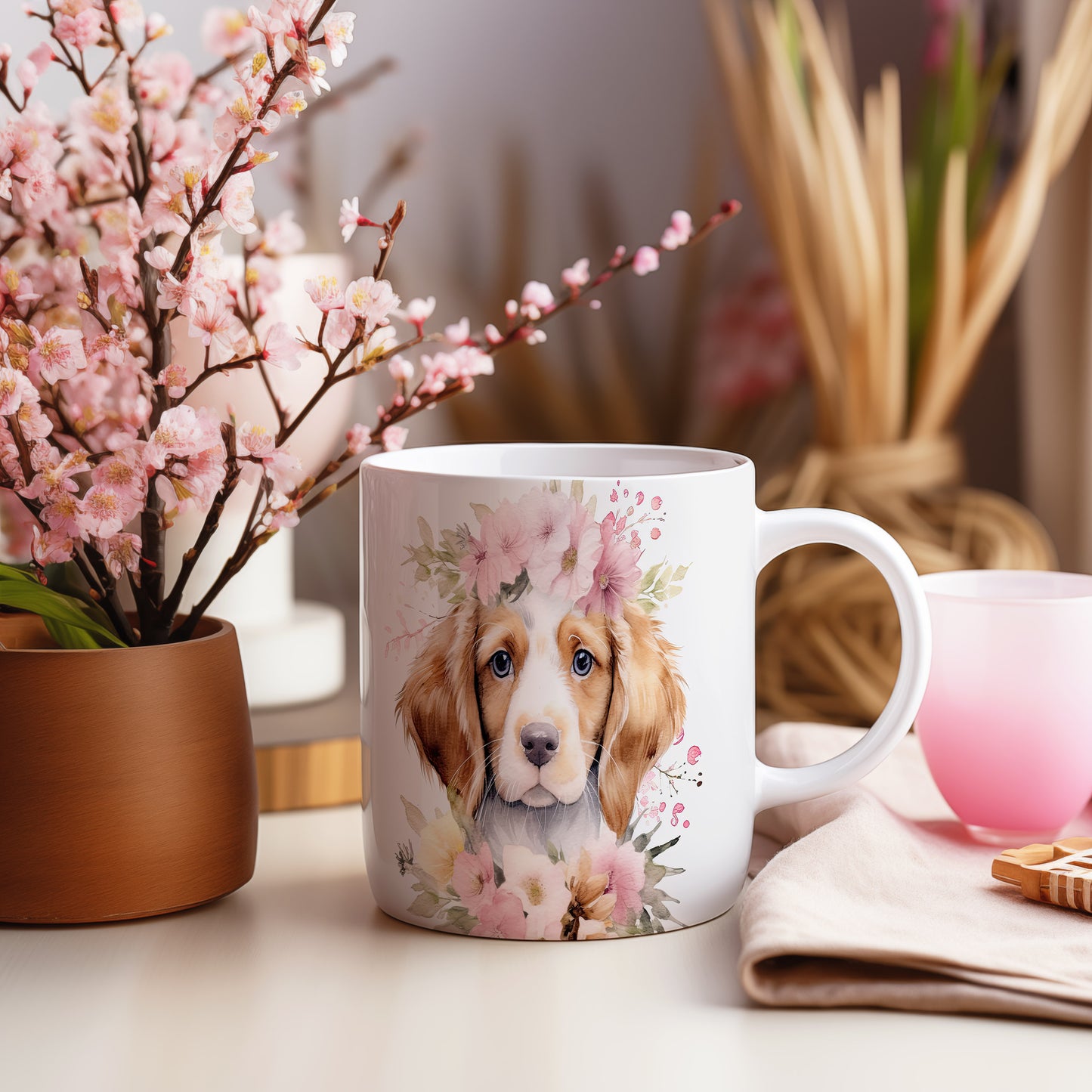 Hrnek s portrétem Beagle s květinovým věncem