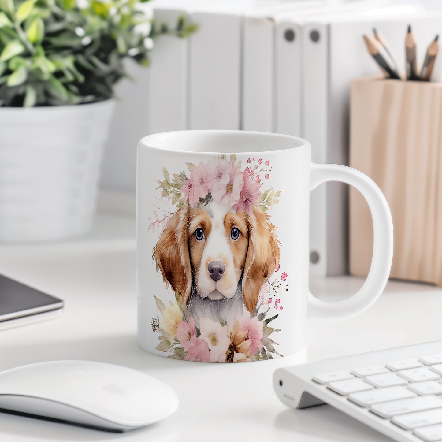 Hrnek s portrétem Beagle s květinovým věncem