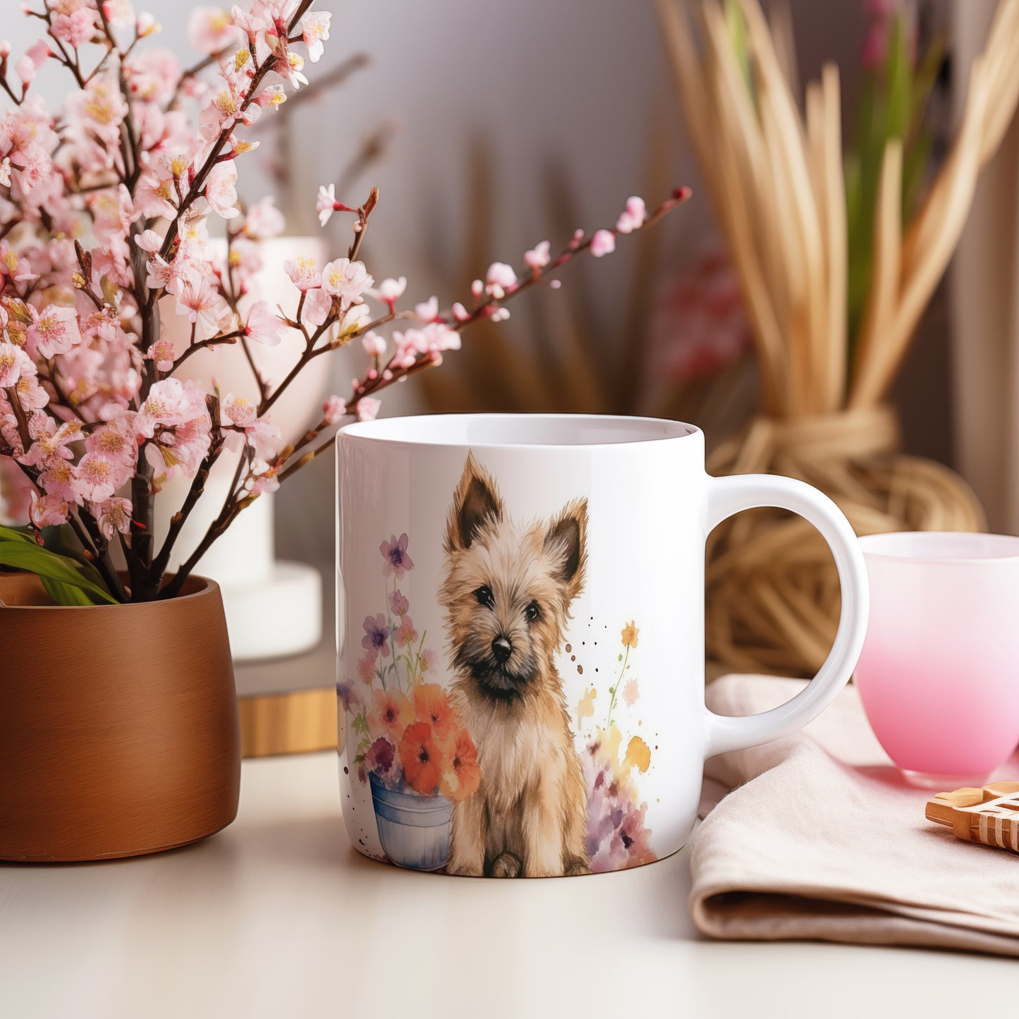 Hrnek s roztomilým štěňátkem a květinami (terrier · psi #2)