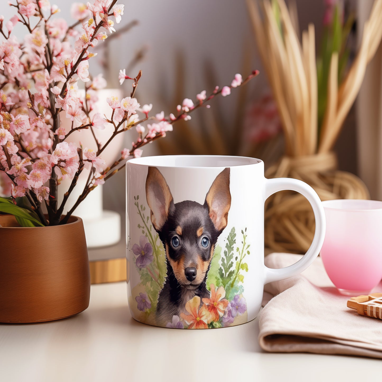 Hrnek s malým papillonem a květinami - originální design