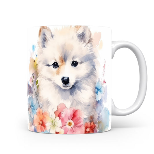 Hrnek s roztomilým štěňátkem v květinovém designu