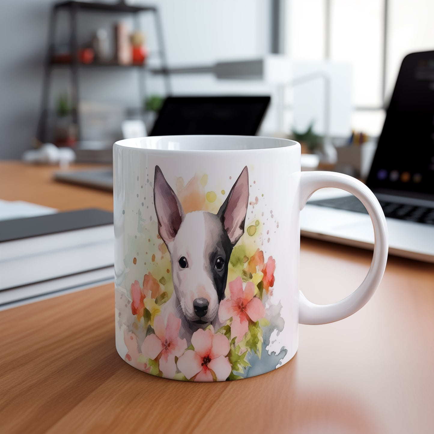 Hrnek s krásným štěnětem a květinami - originální design