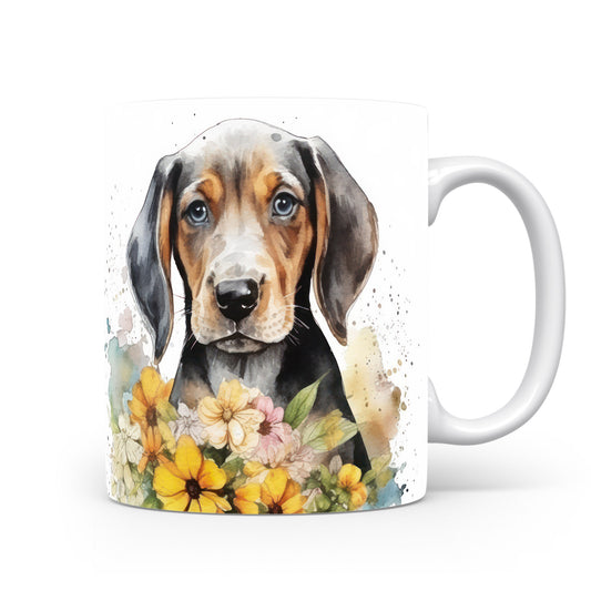 Hrnek s malovaným beagle štěnětem a květinami