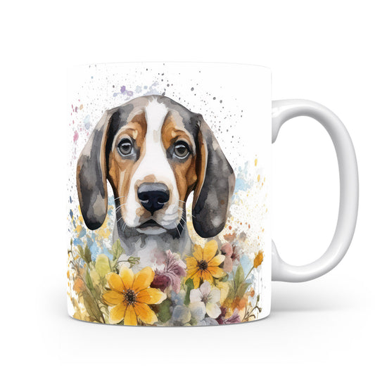 Hrnek s ilustrací beagle a květinami – originální dárek pro milovníky psů