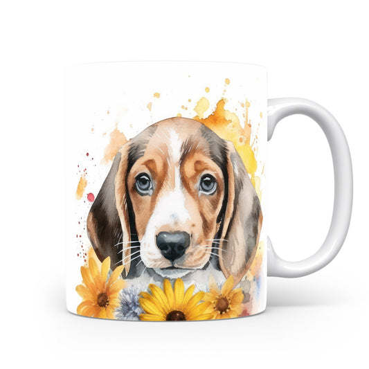 Hrnek s beagle štěnětem a květinovým motivem