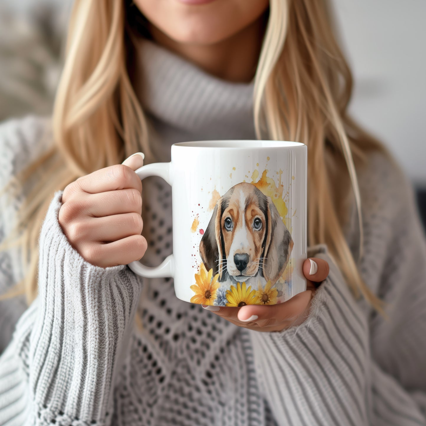 Hrnek s beagle štěnětem a květinovým motivem