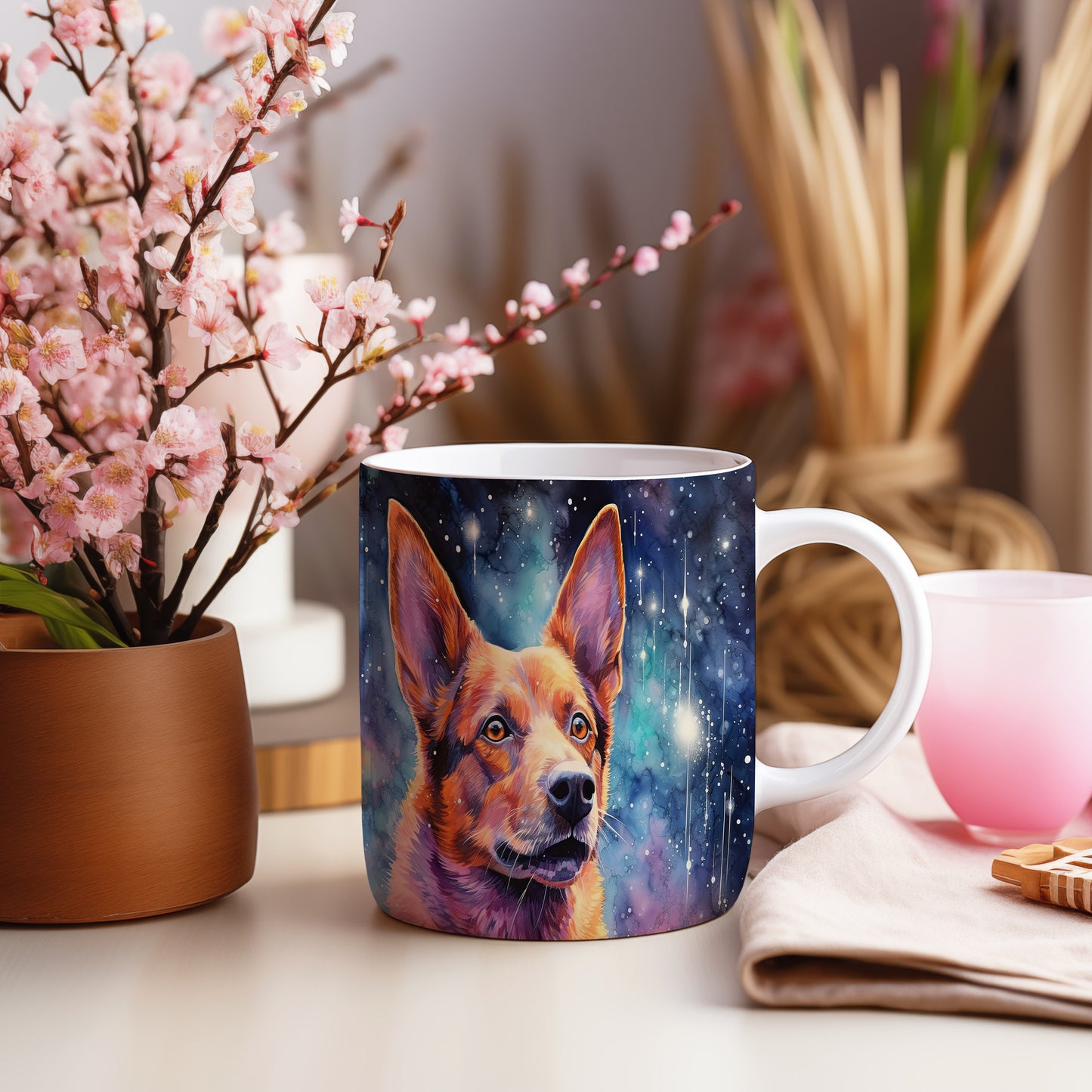 Hrnek s obrazem australského ovčáka v galaktickém designu