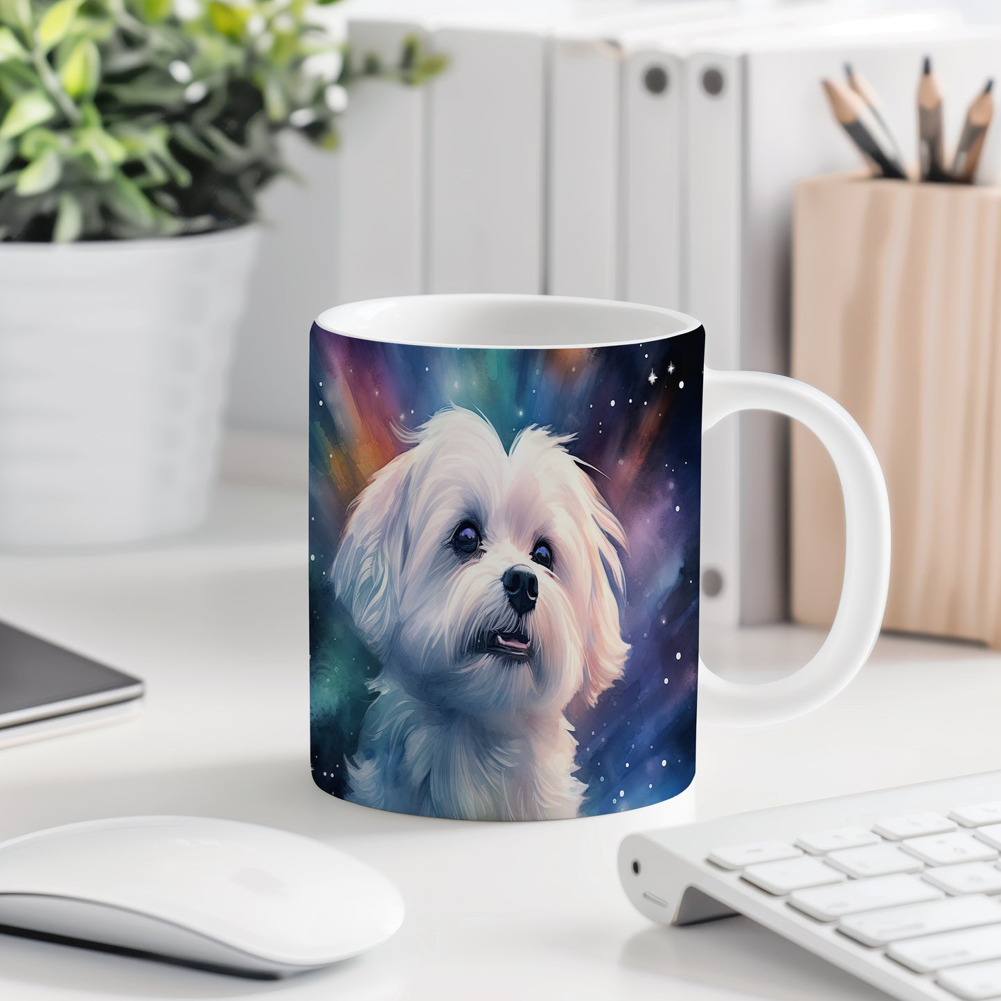 Hrnek s portrétem maltézského psíka v galaktickém designu