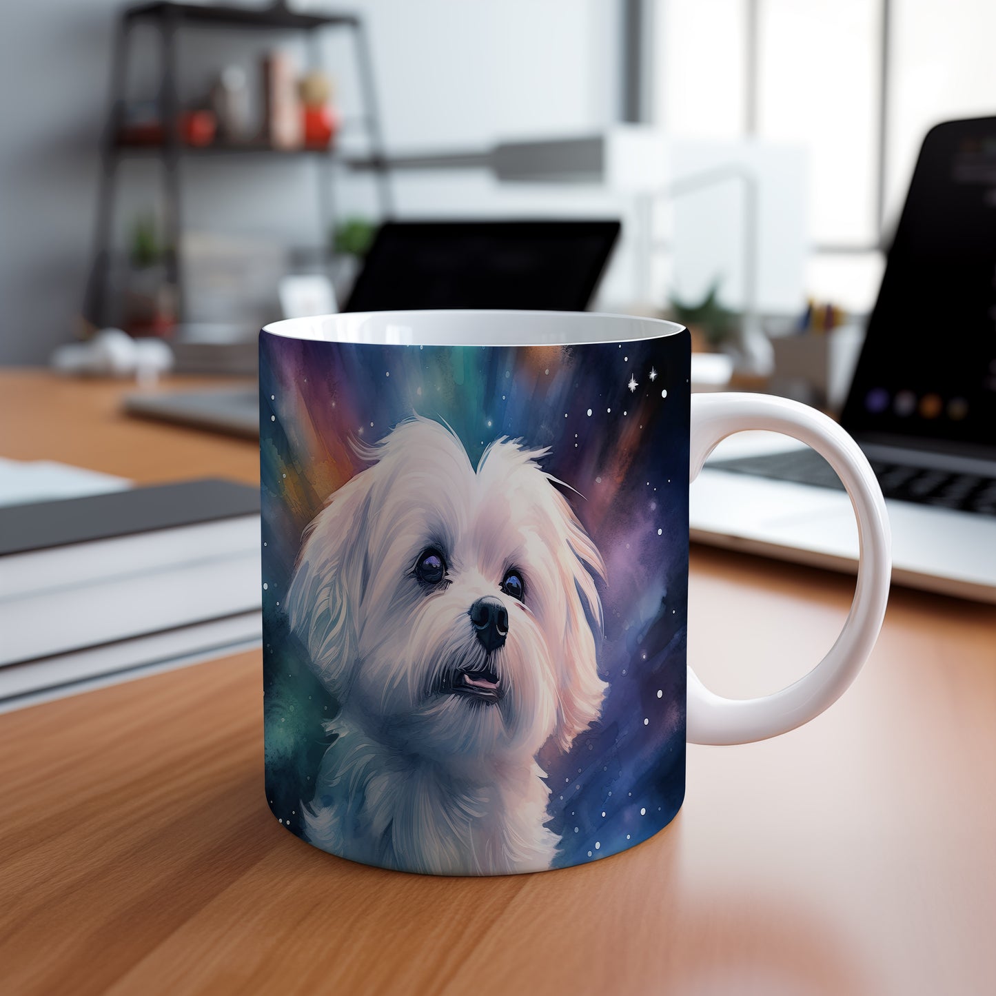 Hrnek s portrétem maltézského psíka v galaktickém designu