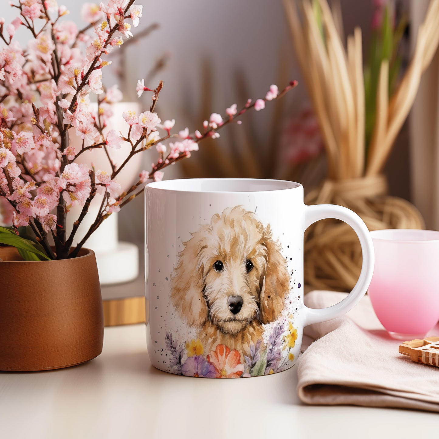 Hrnek s labradoodlem a květinami v fialových tónech