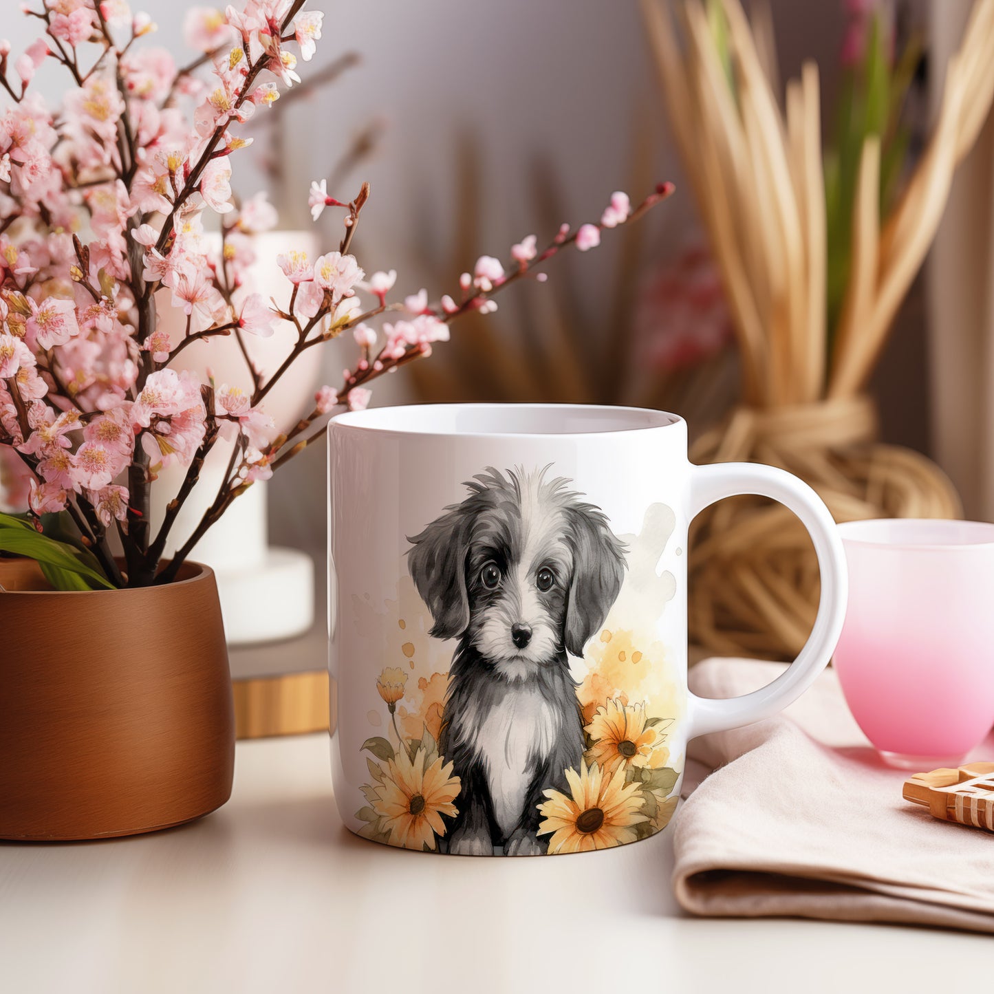 Hrnek s havanese a slunečnicemi