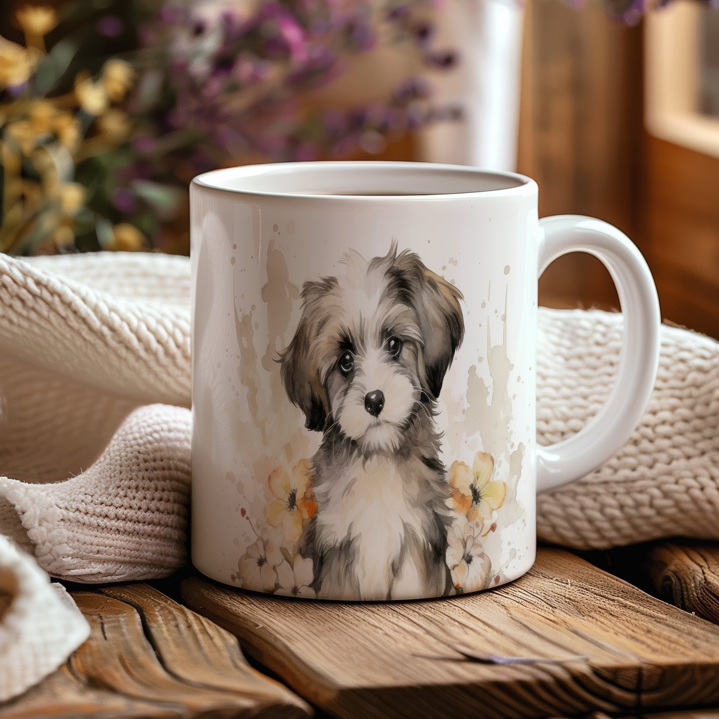 Hrnek s havanese štěnětem a květinami – výrazným designem