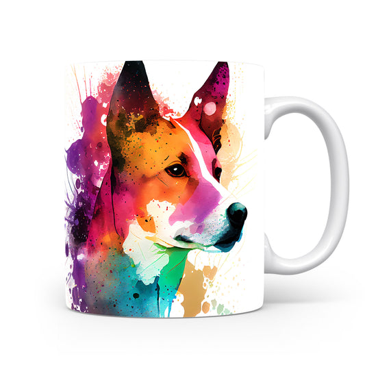 Hrnek s barevným portrétem basenji v akvarelu