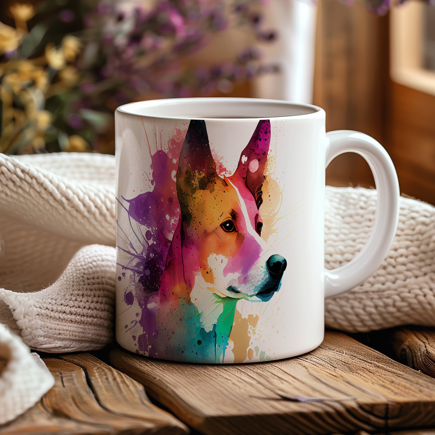 Hrnek s barevným portrétem basenji v akvarelu
