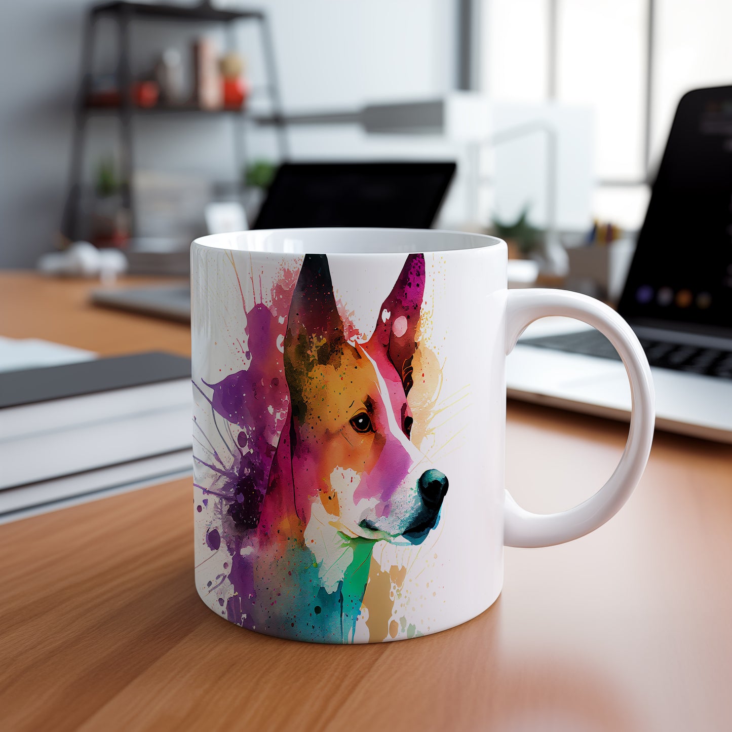 Hrnek s barevným portrétem basenji v akvarelu