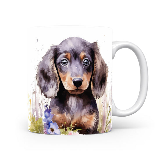 Hrnek s roztomilým dachshundem v květinovém stylu