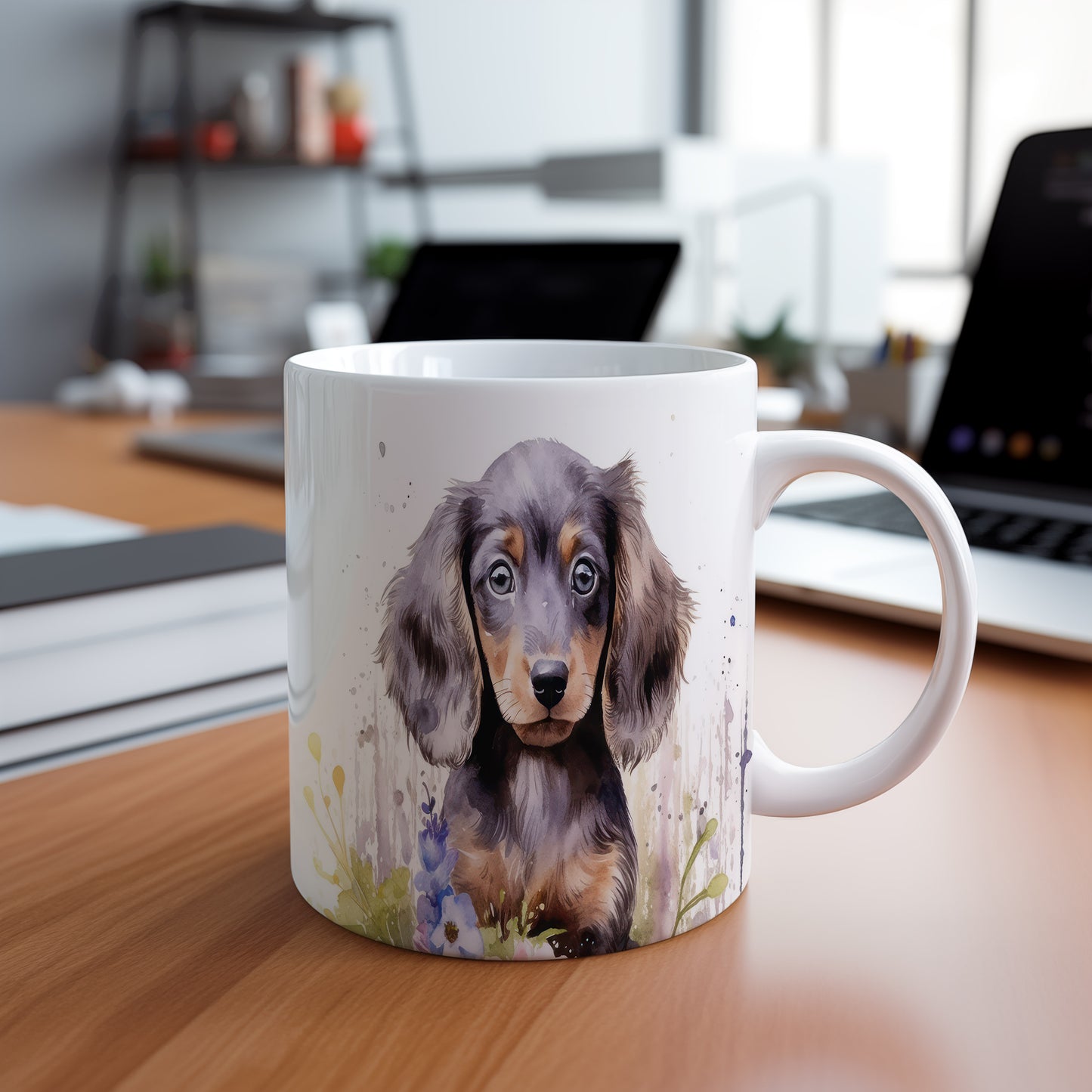 Hrnek s roztomilým dachshundem v květinovém stylu
