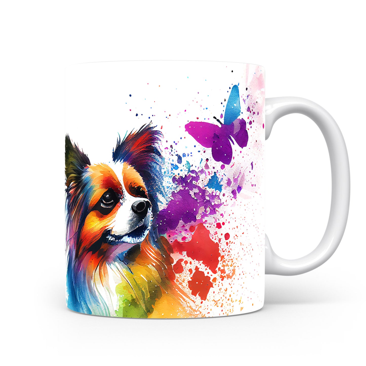 Barevný hrnek s ilustrací papillon psa a motýla