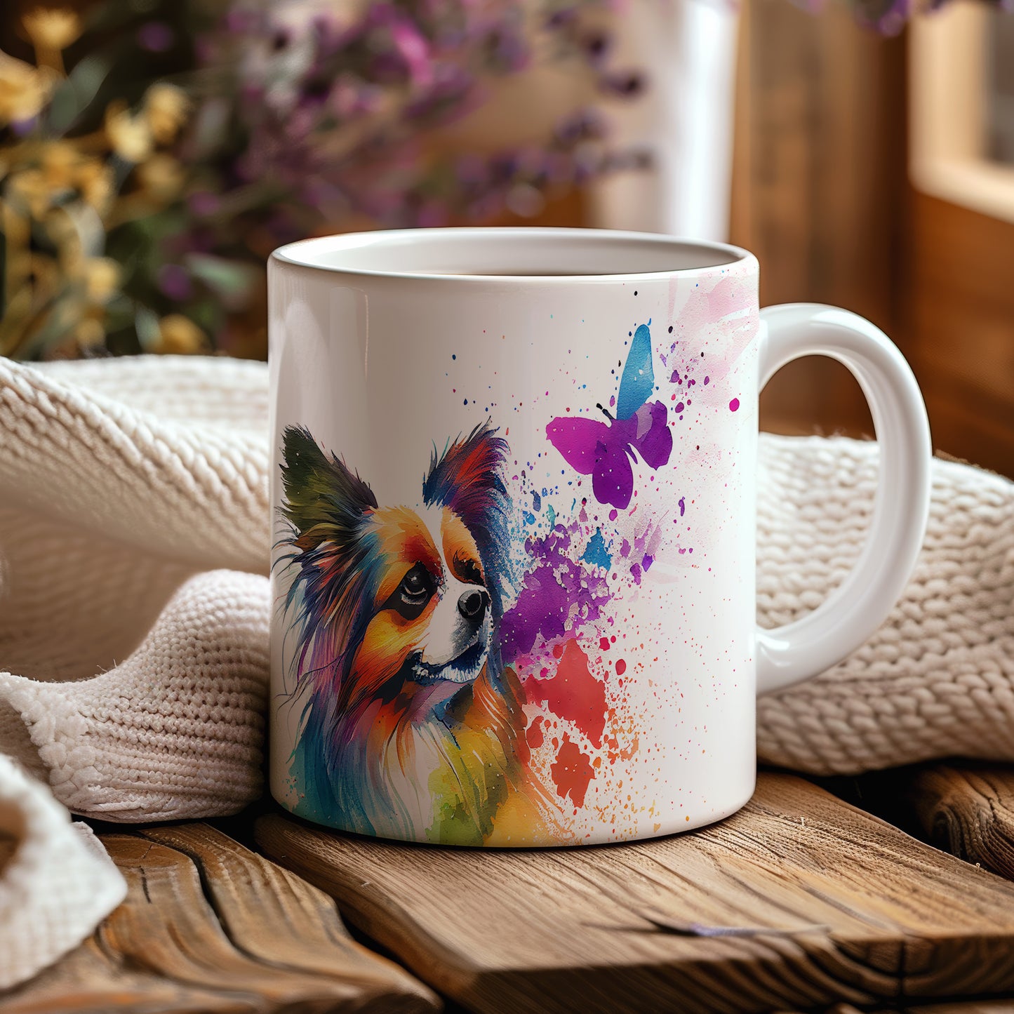 Barevný hrnek s ilustrací papillon psa a motýla