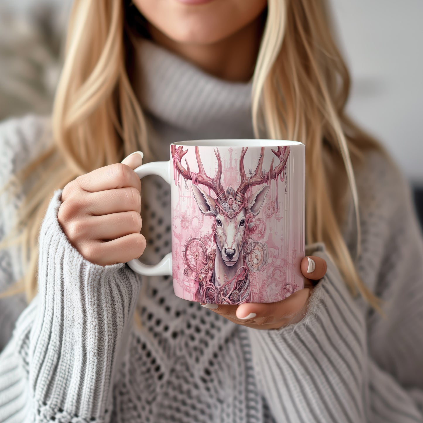 Hrnek s ilustrací jelena v růžových a krémových tónech