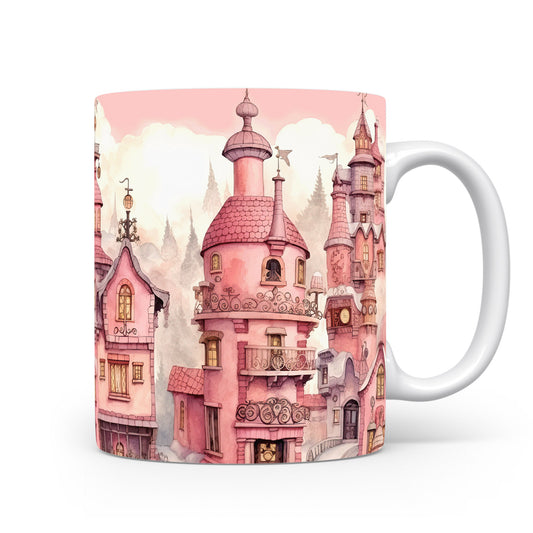 Hrnek s fantazijní architekturou v růžových tónech