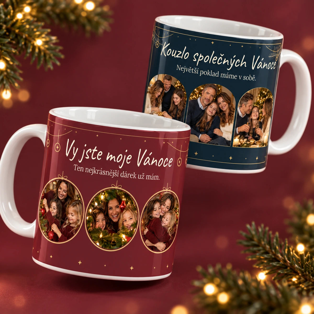 Vánoční hrnky s koláží vlastních fotografií a svátečními ozdobami