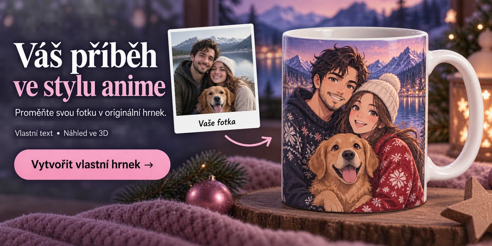 Váš příběh ve stylu anime na hrnku. Vlastní text a náhled ve 3D.