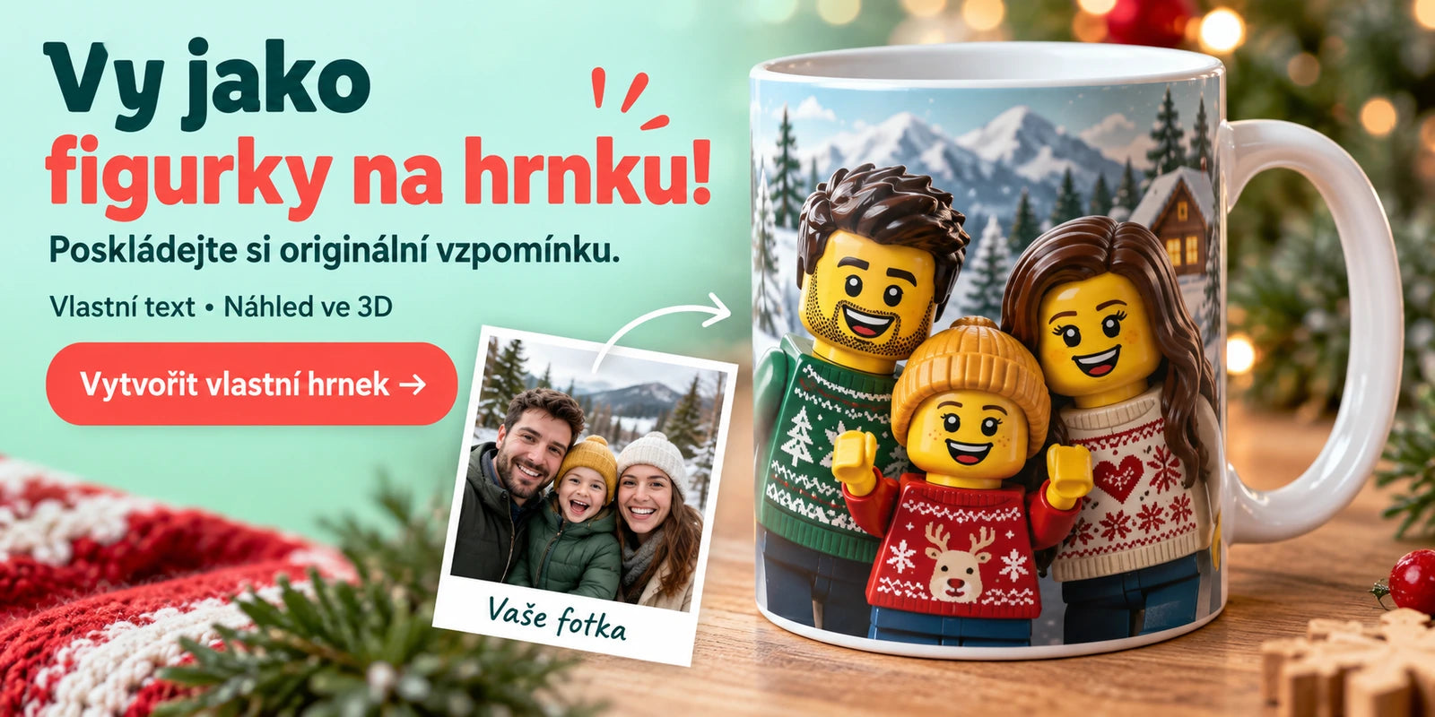 Vy jako figurky ze stavebnice na hrnku. Vlastní text a náhled ve 3D.